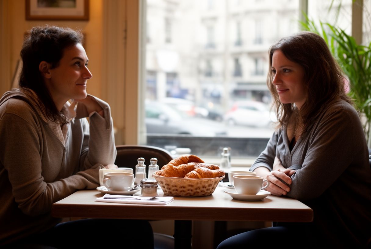 Premier rendez-vous dans un bistrot avec des viennoiseries posées sur la table