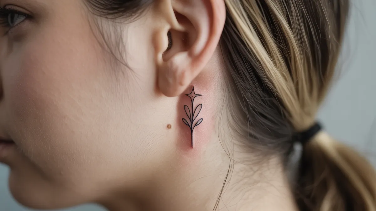Gros plan détaillé d'un petit tatouage minimaliste derrière l'oreille montrant la finesse du travail