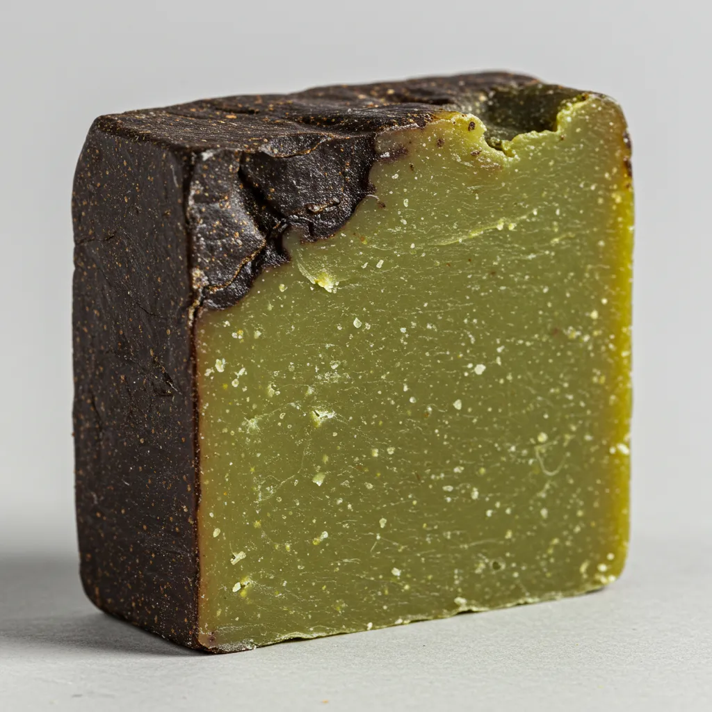 Gros plan sur la coupe transversale d'un savon d'Alep révélant le contraste entre la croûte brun foncé et l'intérieur vert olive