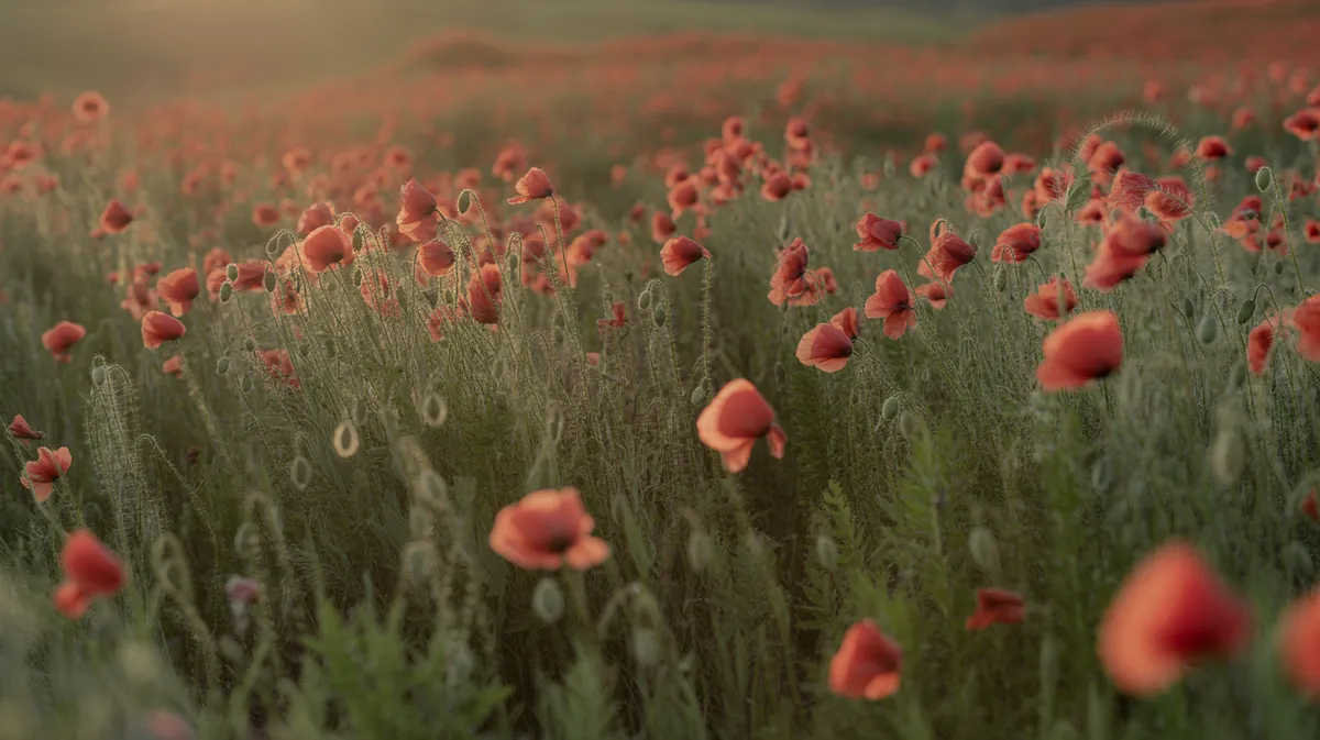 Photographie d'un champ de coquelicots rouges en lumière naturelle dorée