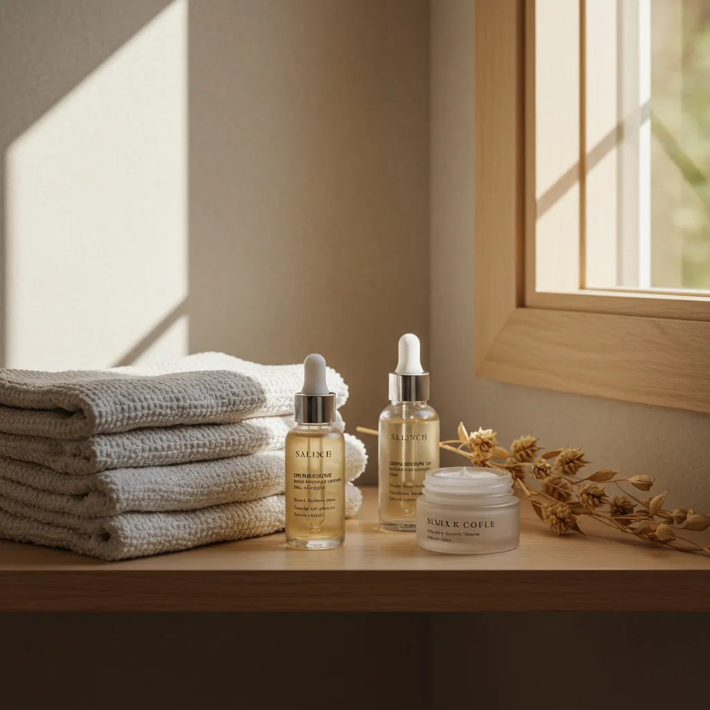 Routine soin visage minimaliste posée sur une étagère en bois clair, lumière dorée naturelle de salle de bain