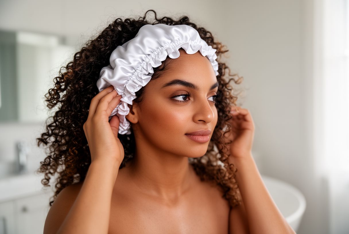 Une femme ajuste son bonnet en satin sur ses cheveux bouclés dans une lumière douce