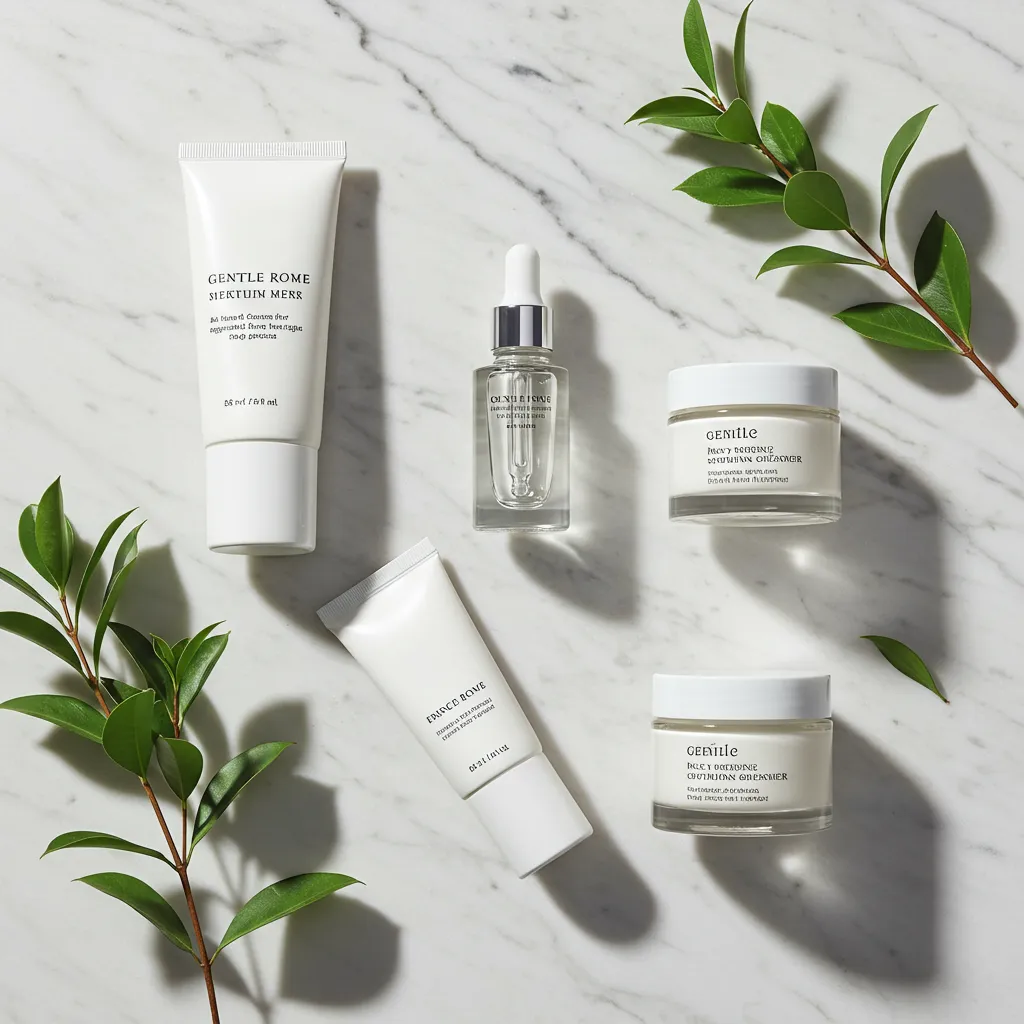 Vue de dessus de produits de soin apaisants pour peaux rouges et sensibles disposés sur un fond marbre blanc