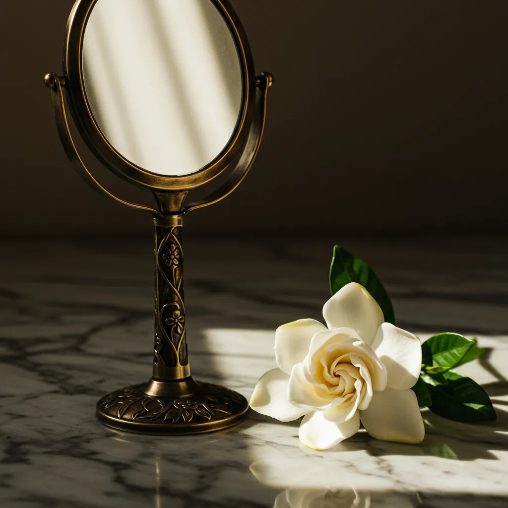 Miroir vintage et fleur évoquant la beauté naturelle et le charme discret à la française