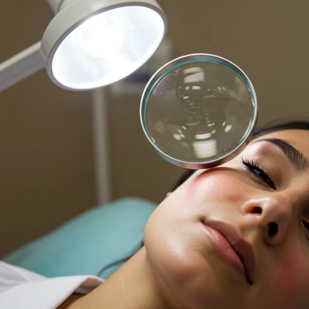 Gros plan sur une consultation dermatologique avec lampe grossissante révélant des rougeurs cutanées sur le visage