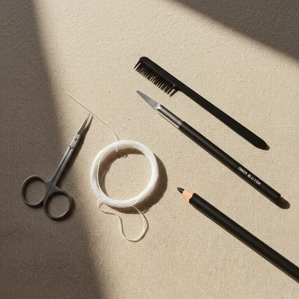 Matériel nécessaire pour l'épilation des sourcils au fil à domicile : fil coton, ciseaux, peigne et crayon à maquillage