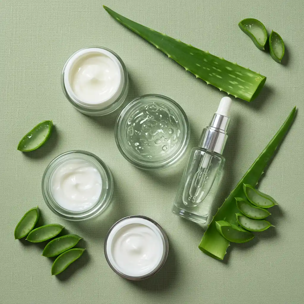 Vue de dessus d'une sélection de soins à l'aloe vera — gel, sérum et crème — disposés sur fond lin vert sauge