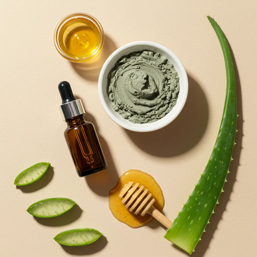 Gros plan des ingrédients naturels : argile verte, huile d'arbre à thé, miel et aloe vera avec leurs textures distinctes
