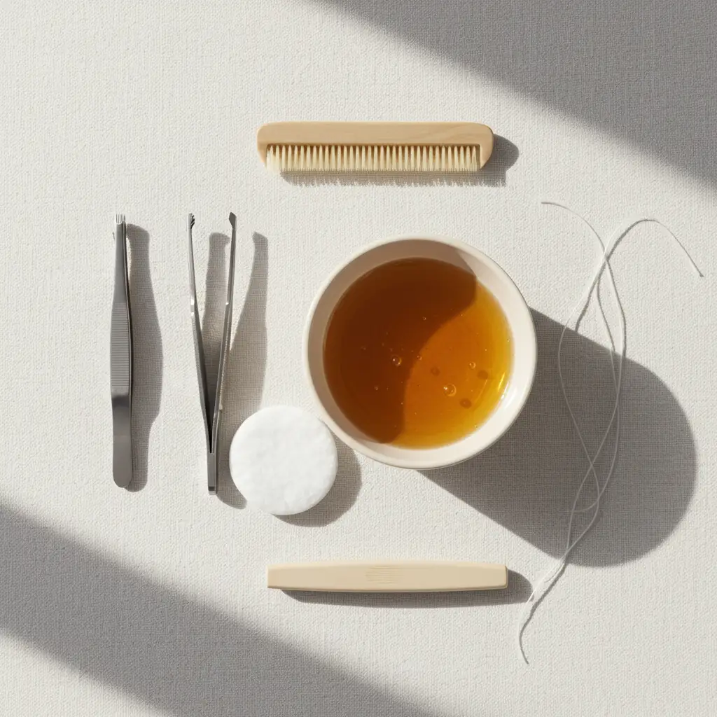 Comparatif des outils d'épilation du visage : pince à épiler, cire et fil disposés sur fond blanc