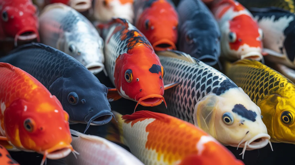 Gros plan détaillé des écailles de carpes koï montrant les variations de couleurs rouge, noir, blanc et doré