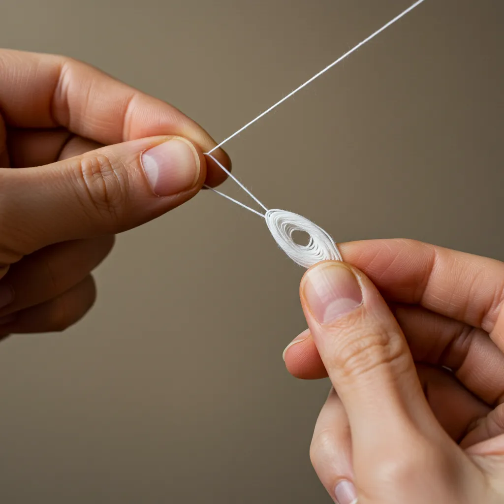 Geste technique de l'épilation au fil : boucle de fil de coton torsadée tenue entre les doigts pour le threading des sourcils