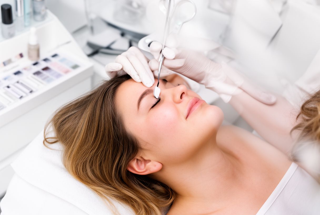 Pose d'extensions de cils en institut par une esthéticienne