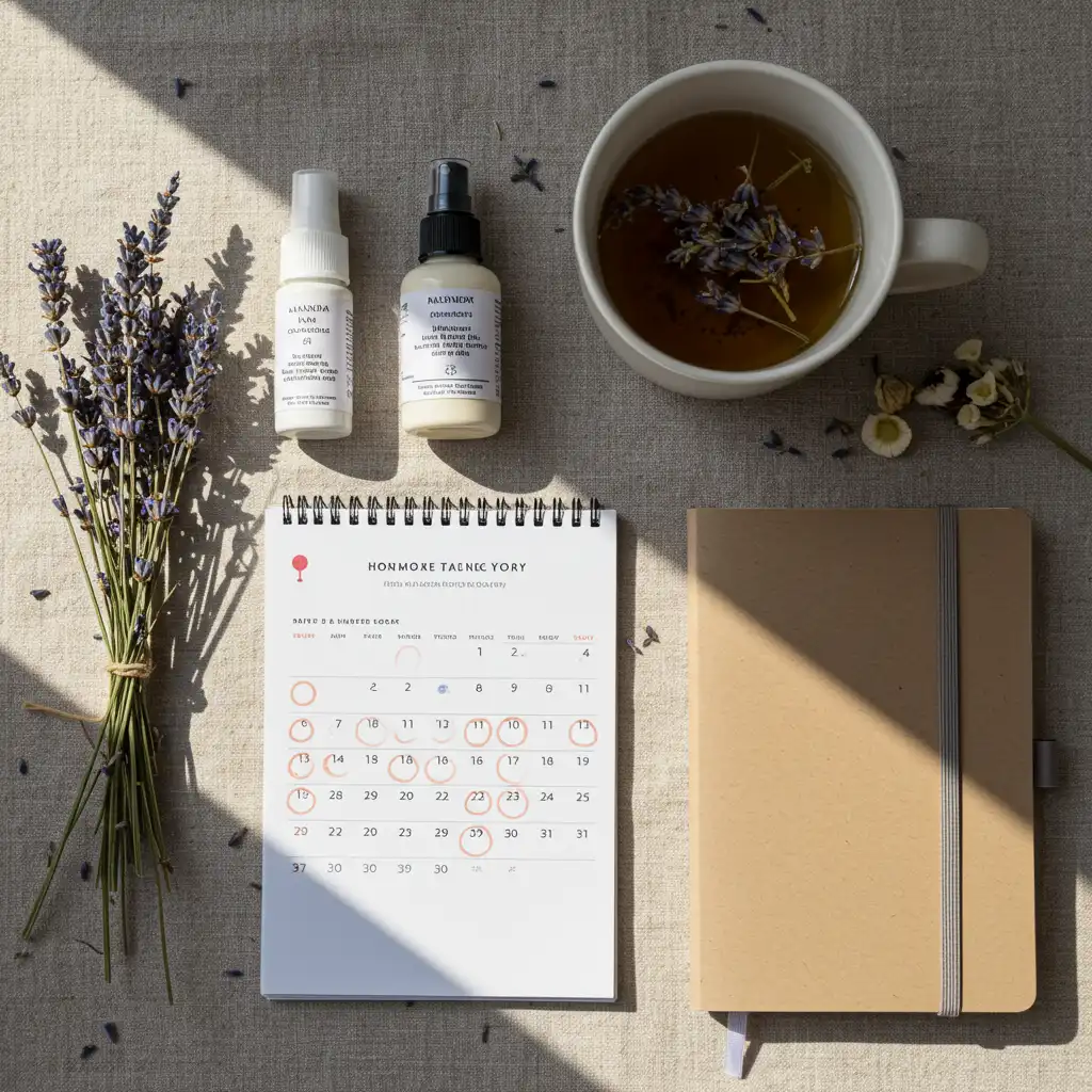 Vue de dessus d'un suivi de cycle menstruel avec tisane et lavande, illustrant le lien entre hormones, stress et boutons au menton