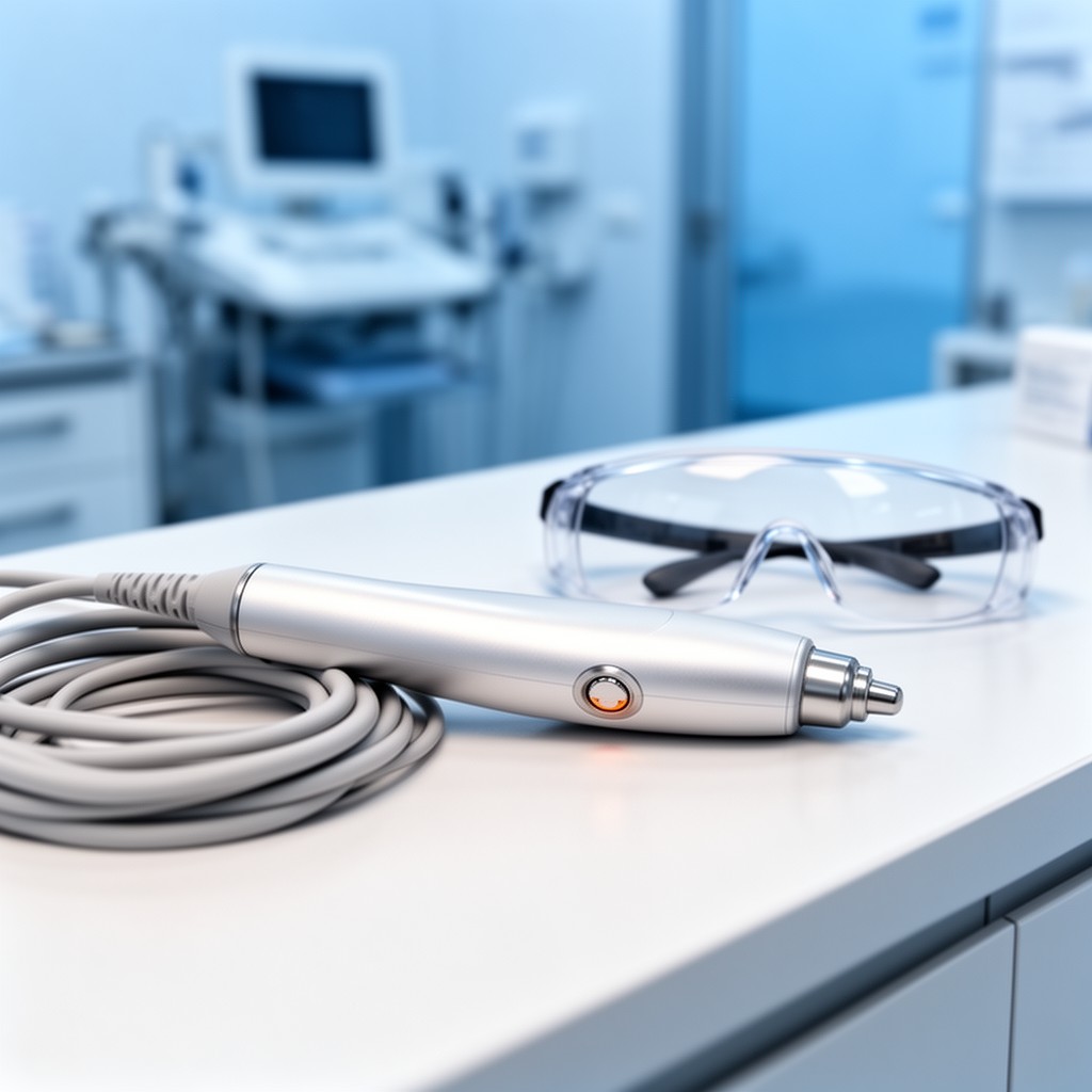 Pièce à main d'un laser dermatologique posée dans un cabinet médical