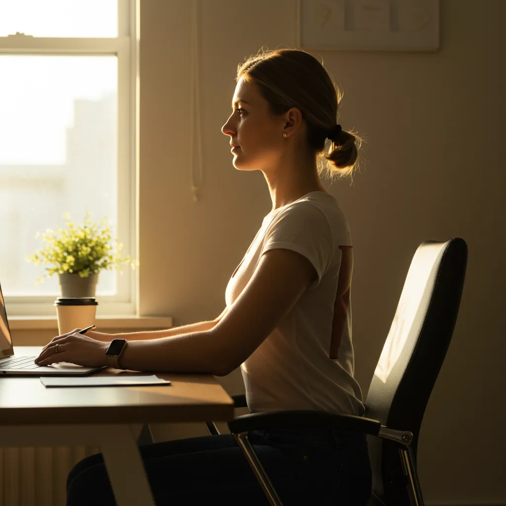 Femme adoptant une posture correcte devant son bureau pour prévenir et réduire le double menton au quotidien