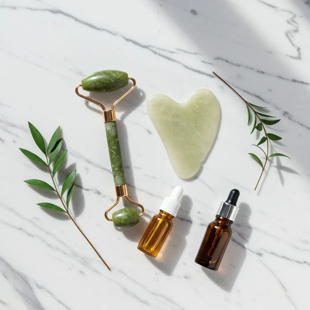 Outils de drainage lymphatique facial à domicile : rouleau en jade, gua sha et huile de soin disposés sur marbre blanc