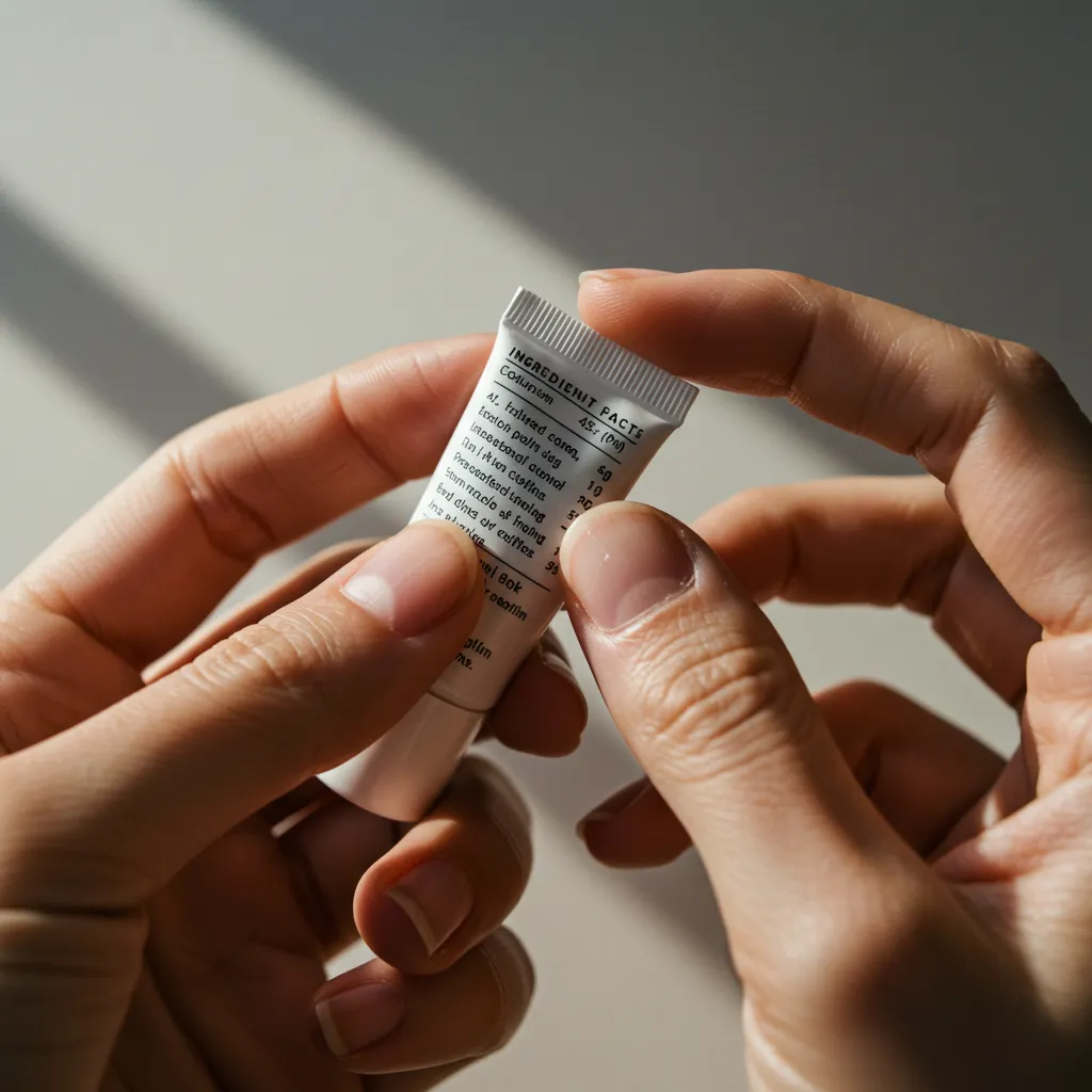 Main lisant la liste d'ingrédients INCI au dos d'un produit cosmétique, gros plan, lumière naturelle douce