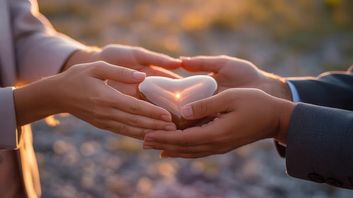 Deux mains se touchant au-dessus d'une forme de cœur lumineuse, symbolisant la connexion des flammes jumelles et l'amour spirituel