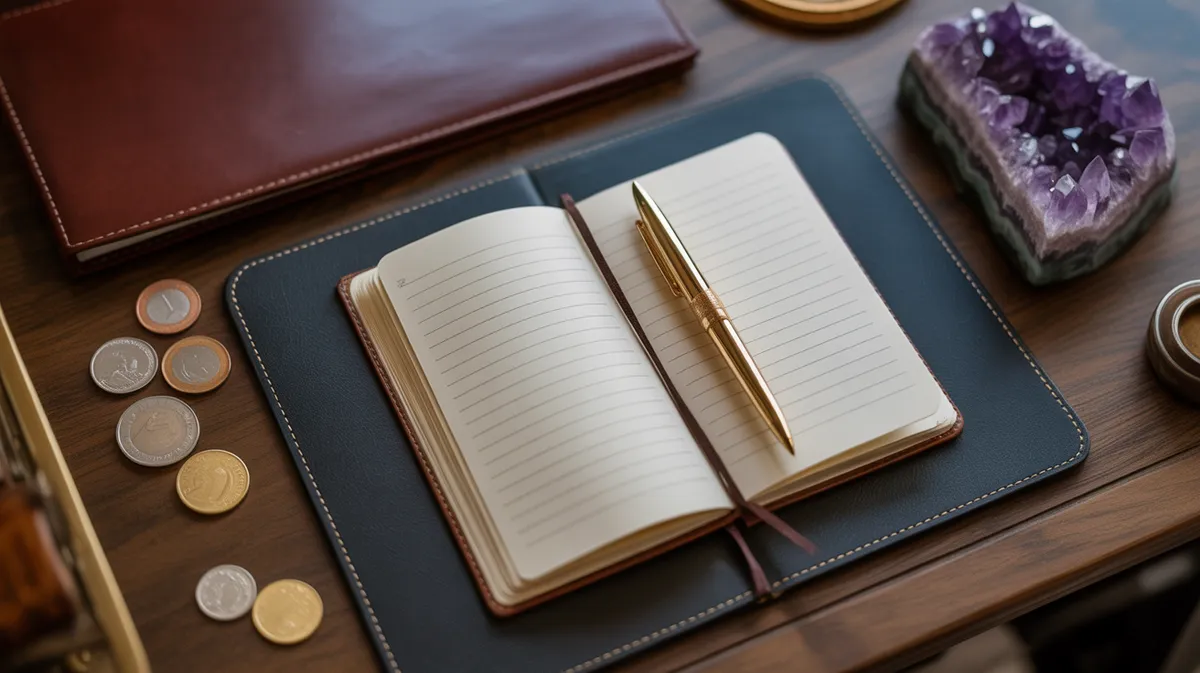 Composition de planification financière avec journal, pièces de monnaie et cristal d'améthyste sur bureau en bois foncé